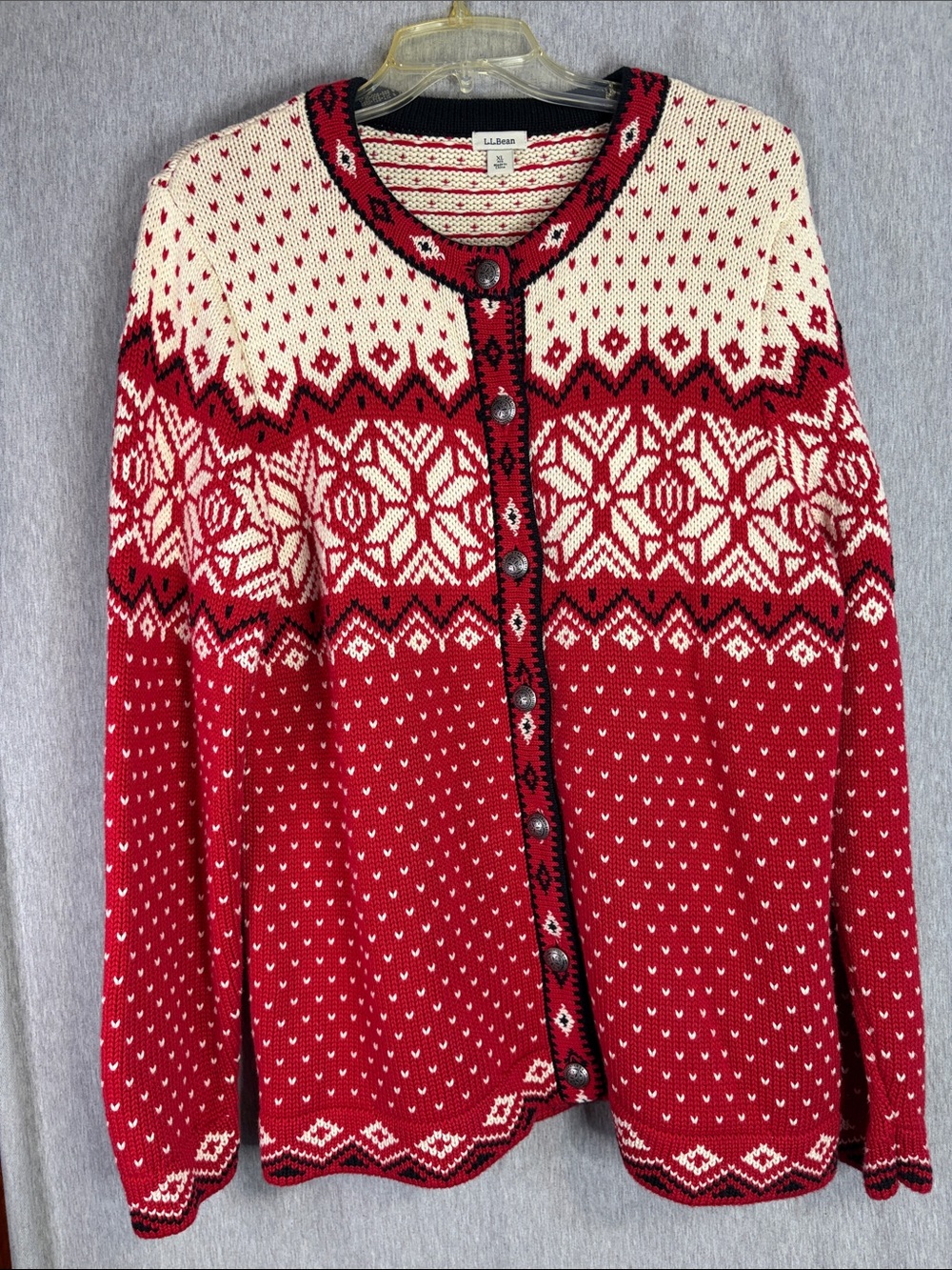 L.L. Bean Red and Cream Nordic Button-Front Cardigan